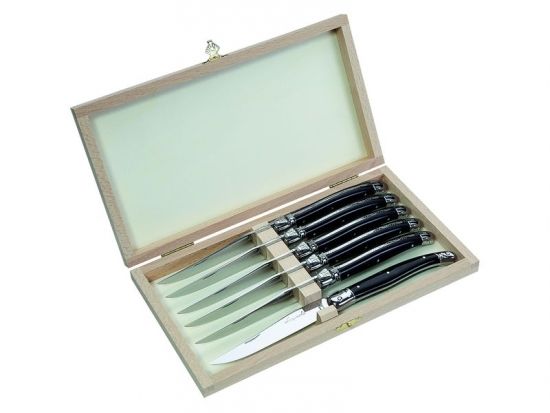 Laguiole Steakmesser Satz Kunststoff Griffschalen schwarz Holzbox mit 6 Messern
