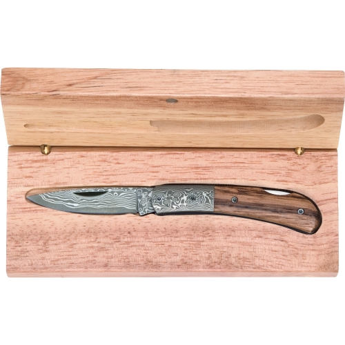 Hochwertiges Taschenmesser aus Damaststahl mit Zebraholz in Holz Geschenkbox